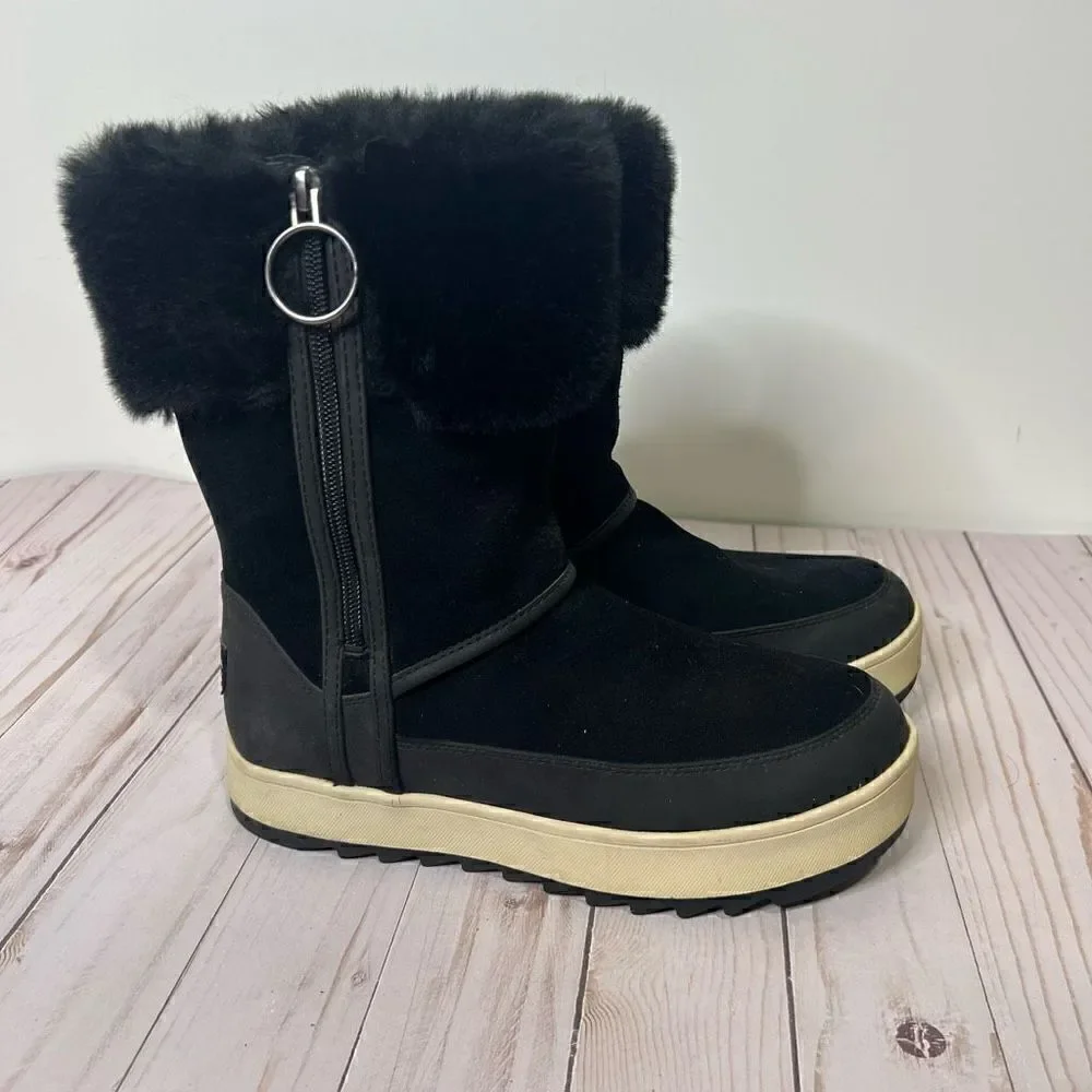 UGG by Koolaburra Tynlee Black Suede Leather Faux Fur Lined Zip Up Boots Winter